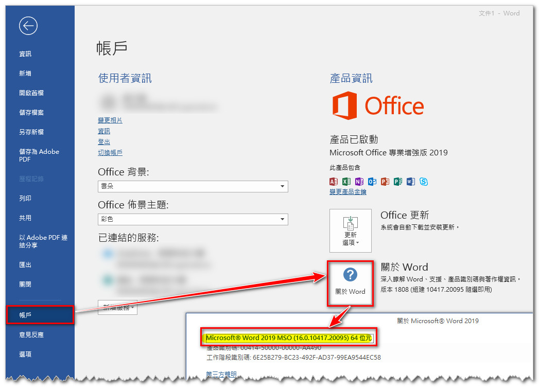 點擊 「檔案」→「帳戶」，點擊「關於 Word」查看版本號碼