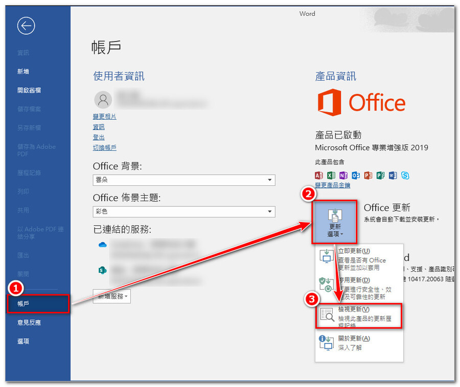 【Office 2019】：「帳戶」→「更新選項」→「檢查更新」