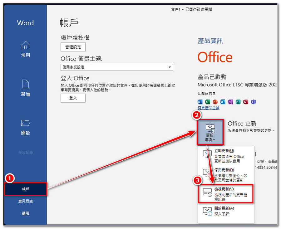 【Office 2021含以上版本】：「帳戶」→「更新選項」→「檢查更新」